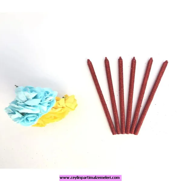 Simli Dekor Mum Kırmızı